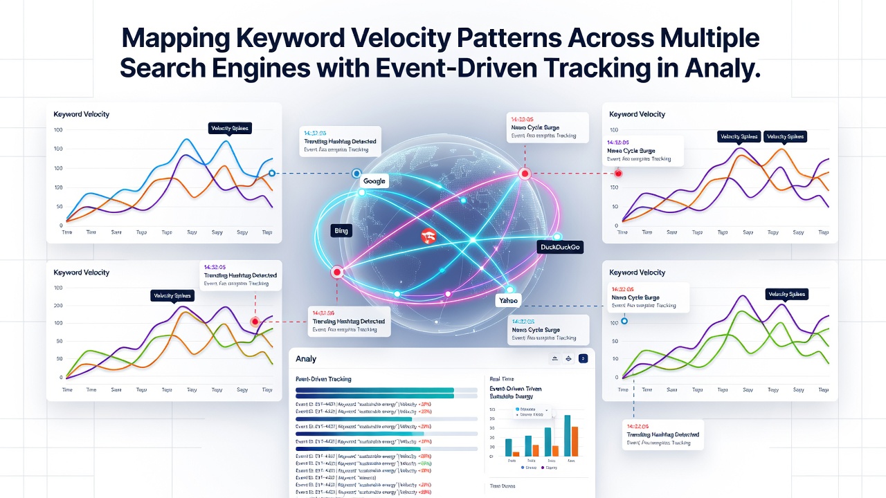 Event stream visualization comparing keyword velocity across Google, Bing, and regional search engines