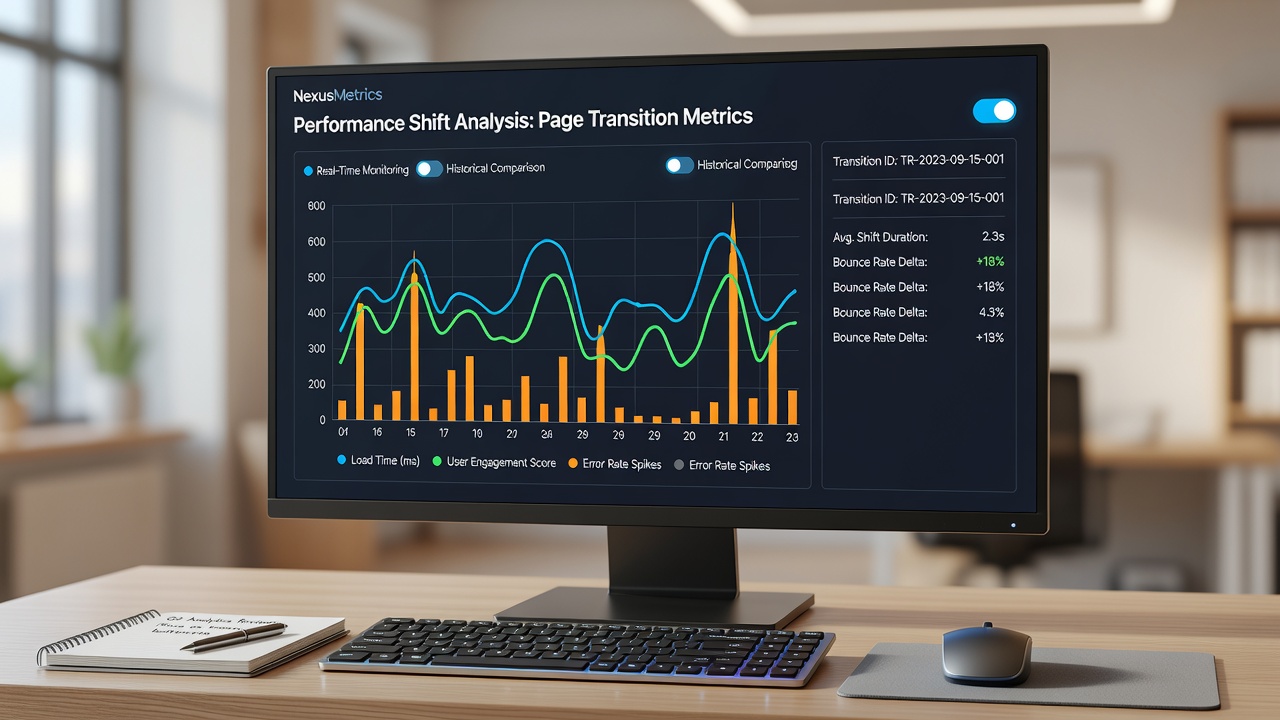 Comparative analytics view showing before and after website transition performance with overlaid charts and regional user data